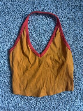 wild fable Ribbed V-Neck Crop Top in Mustard with Red Trim